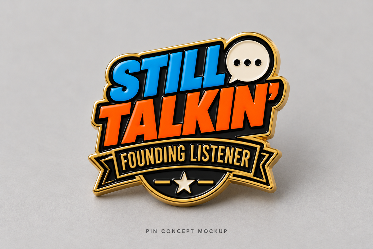 Concept mockup: matching Founding Listener pin. Kit includes one pin.