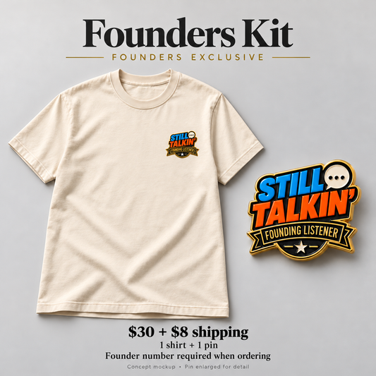 Concept mockup: Founders Kit, one cream shirt and one matching pin; $30 plus $8 shipping. Founder number required. Pin enlarged for detail.