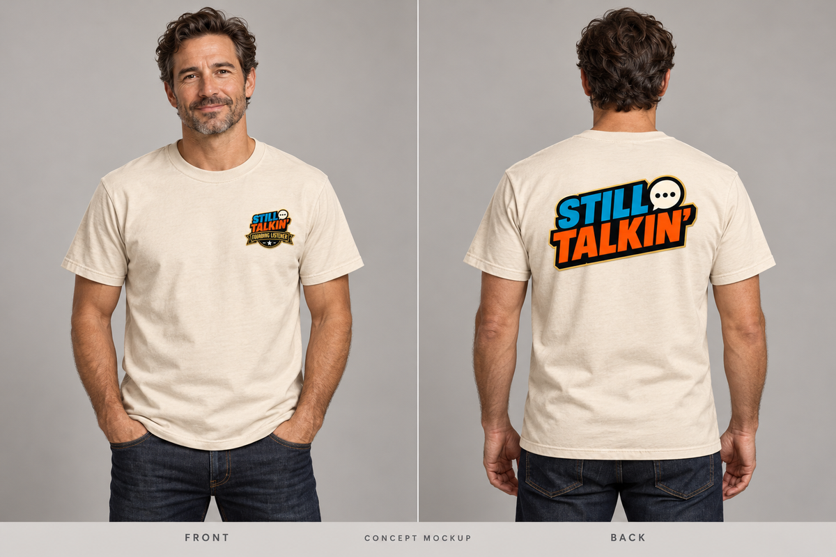 Concept mockup: cream Founders shirt shown from front and back on a model. Kit includes one shirt.